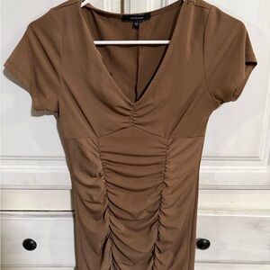 Ambiance Tan Ruched Short Sleeve Dress